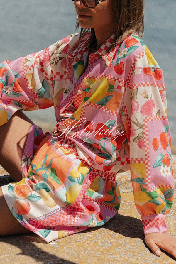 Leisurely Outings Summer Fruit Print Loose Long Sleeve Shirt and Elastic Waist Pocket Shorts Set