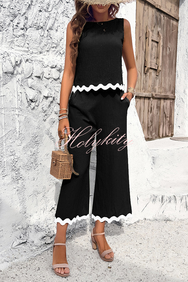 Wave Trimmed Round Neck Buttoned Elastic Waist Pants Suit