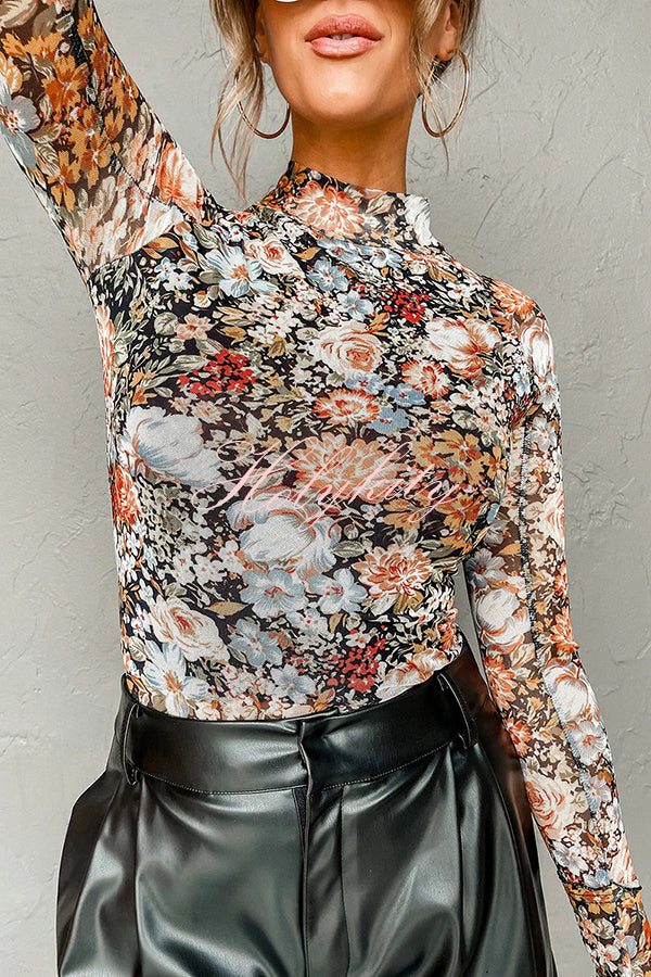 Floral Print Turtleneck Long Sleeve Stretch Bottoming Shirt