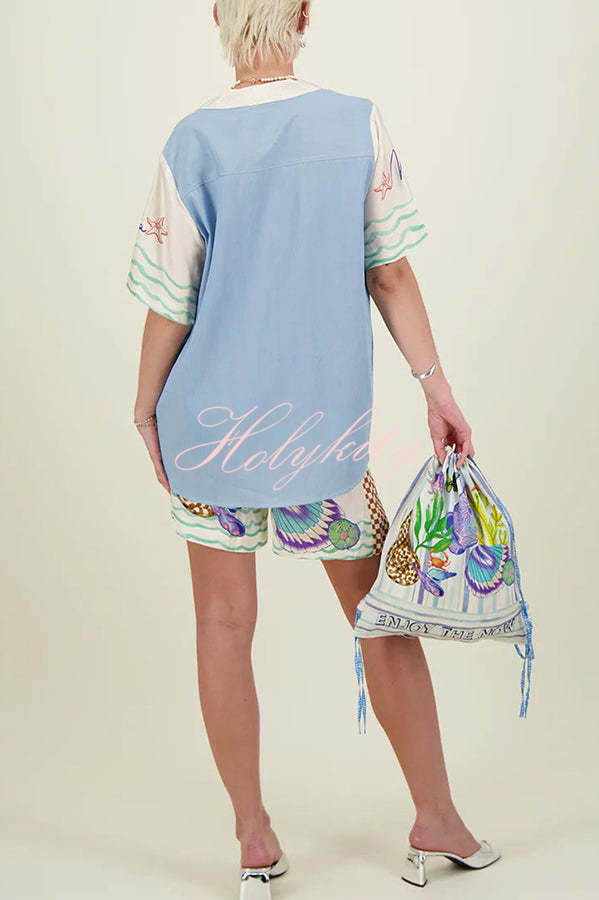 Coastal Seashell Satin Unique Print Pocket Loose Shirt and Elastic Waist Shorts Set