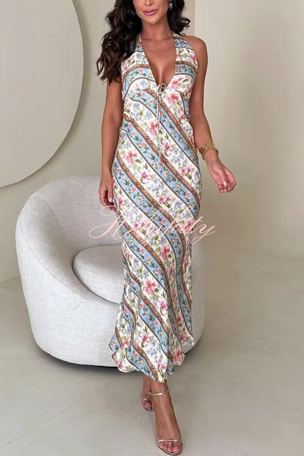 Garden Goddess Unique Colorblock Floral Print Halter Backless Maxi Dress