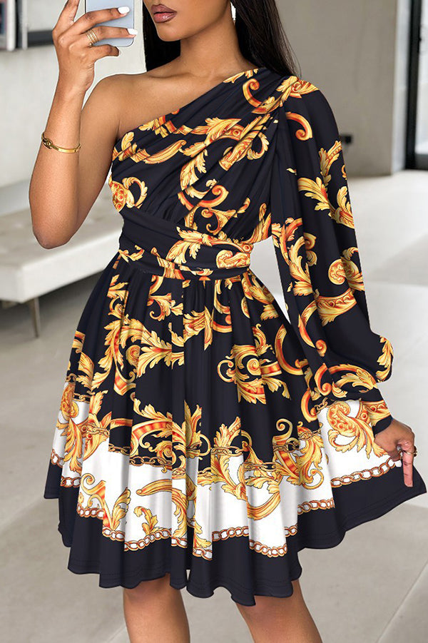 Stylish Printed One Shoulder Tighten Waist Mini Dress