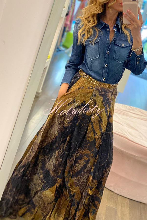 Like Wow Sequin Waistband Tie-dye Elastic Waist Pocketed Swing Maxi Skirt