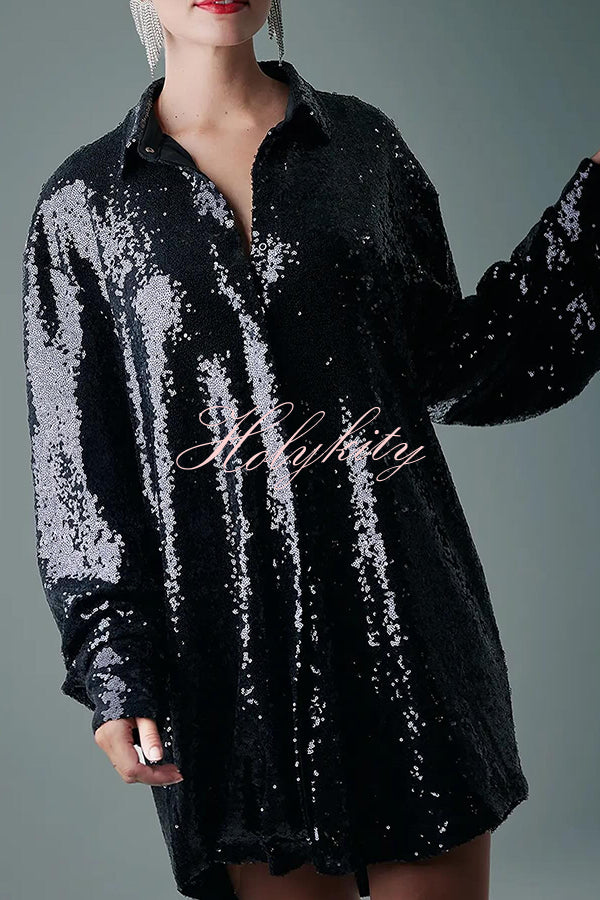 Solid Color Sequined Long-sleeved Casual Mid-length Loose Shirt