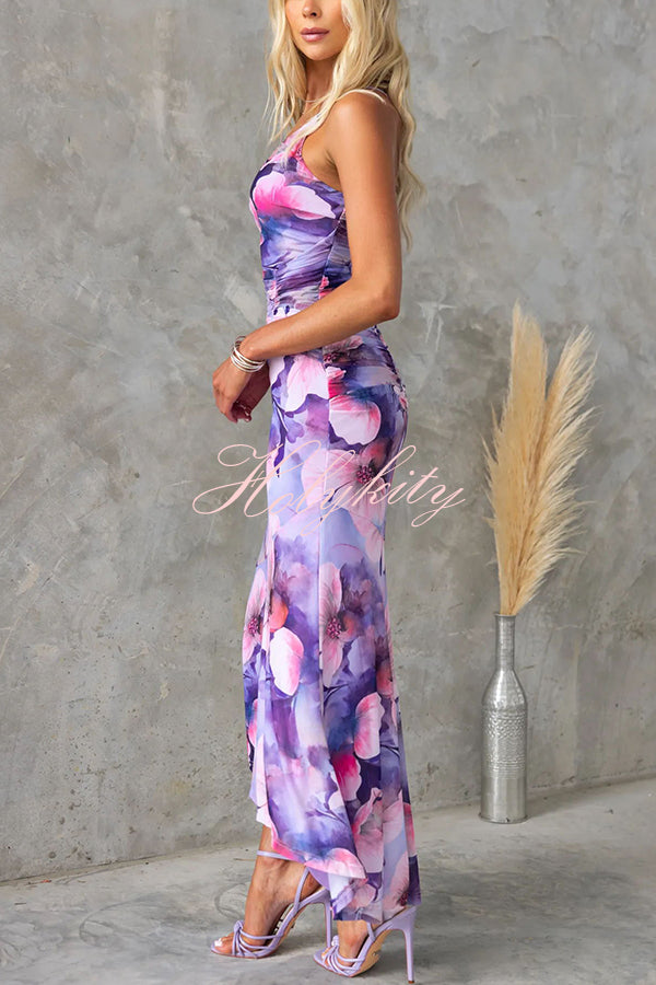 Deja Mesh Overlay Floral Print One Shoulder Ruched Stretch Maxi Dress