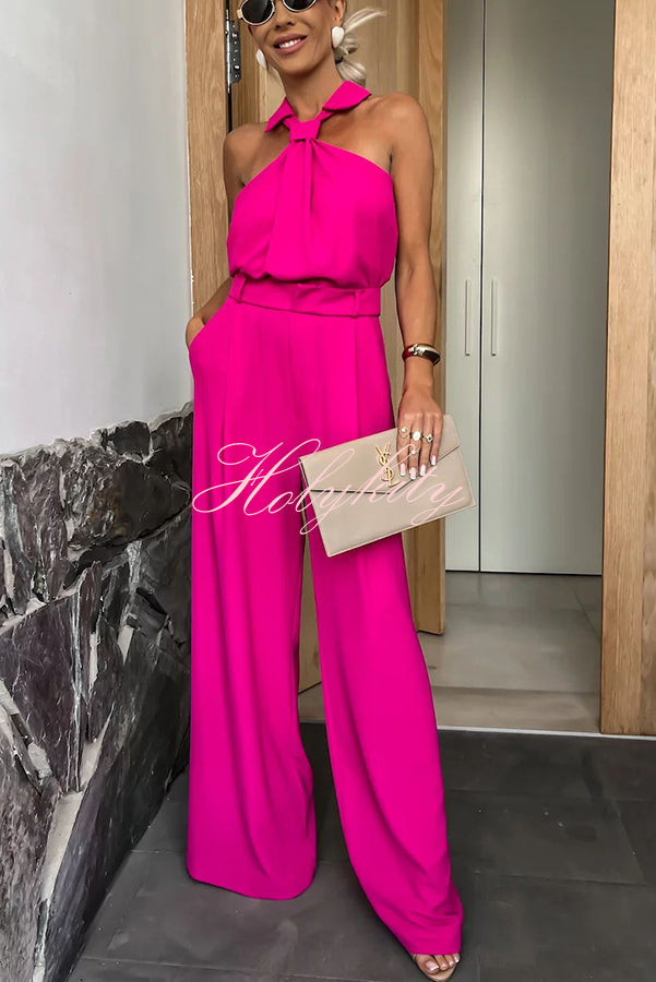 Fashionable Unique Look Halter Shirt Collar Pocketed Wide Leg Jumpsuit