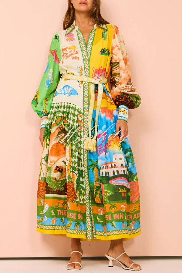 A World of Colour Unique Print Balloon Sleeve Belt Shirt Midi Dress