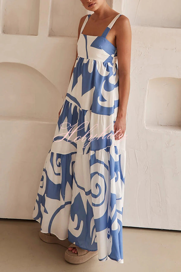 Bohemian Style Geometric Print Back Smocked Loose Maxi Dress