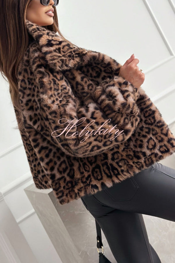 Stylish Leopard Print Lapel Long Sleeve Short Coat