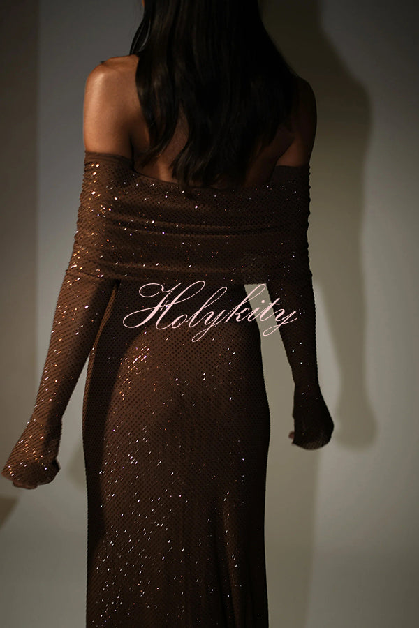 Sexy Shiny Off-The-Shoulder Long-Sleeved Fitted Maxi Dress