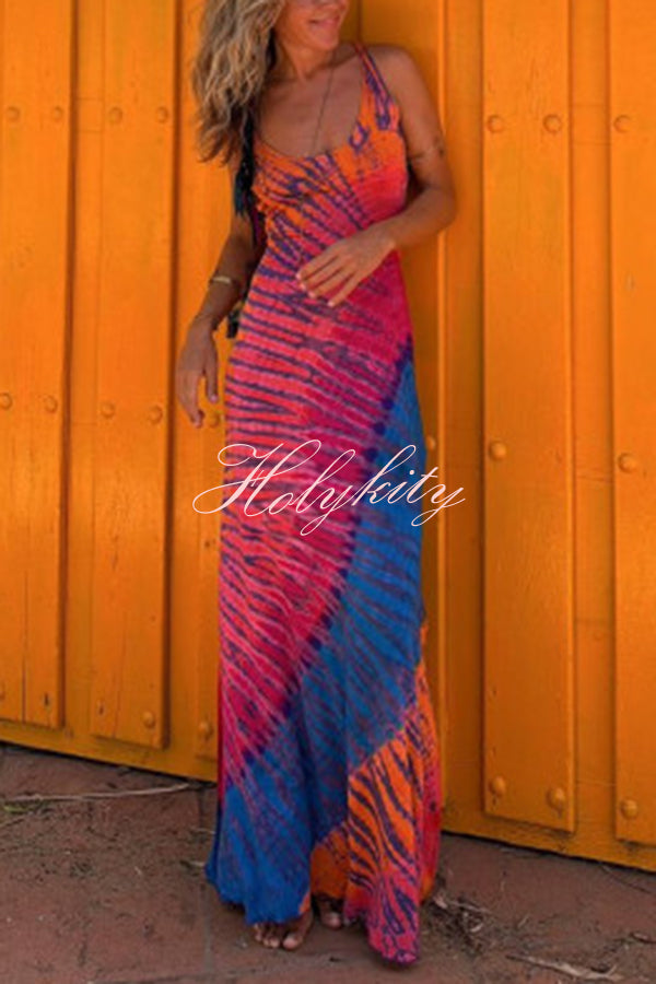 La Bamba Tie-dye Print Back Lace-up Stretch Maxi Dress