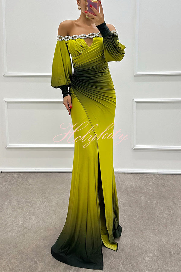 Julieta Gradient Print Boat Neck Off Shoulder Gem Detail Slit Gown Maxi Dress