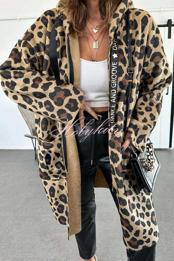 Fall Dreaming Animal Print Zipper Pocket Loose Hooded Midi Coat