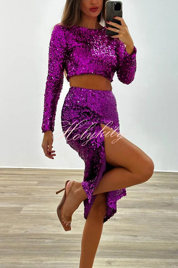 Solid Sequined Long-sleeved Crop Top and Sexy Slit Midi Skirt Set