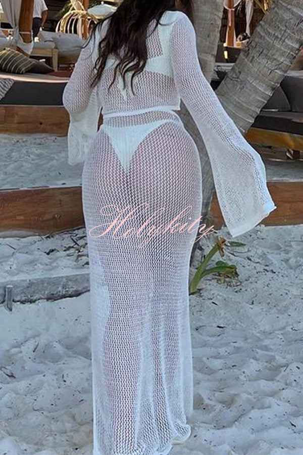 Knitted Slit See Through Hollow Tie Skirt Suit