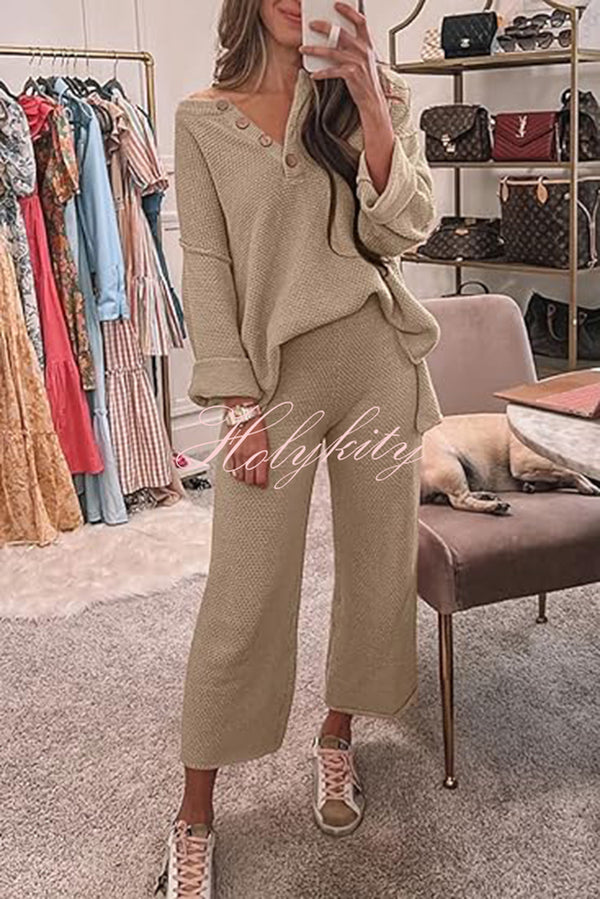 Heather Hailey Solid Color Casual Button V Neck Top and Pant Two Piece Set