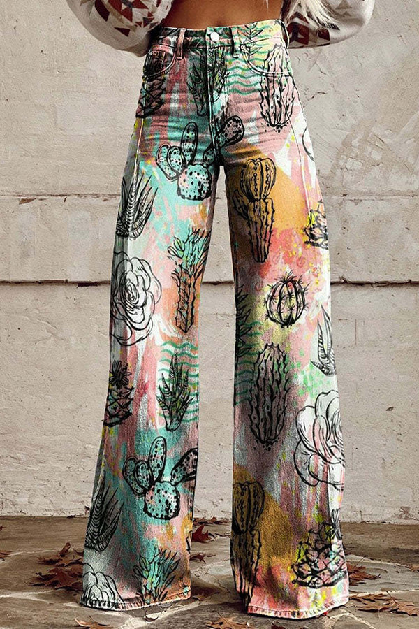 Beautiful Unique Print Button Pocket Wide Leg Pants