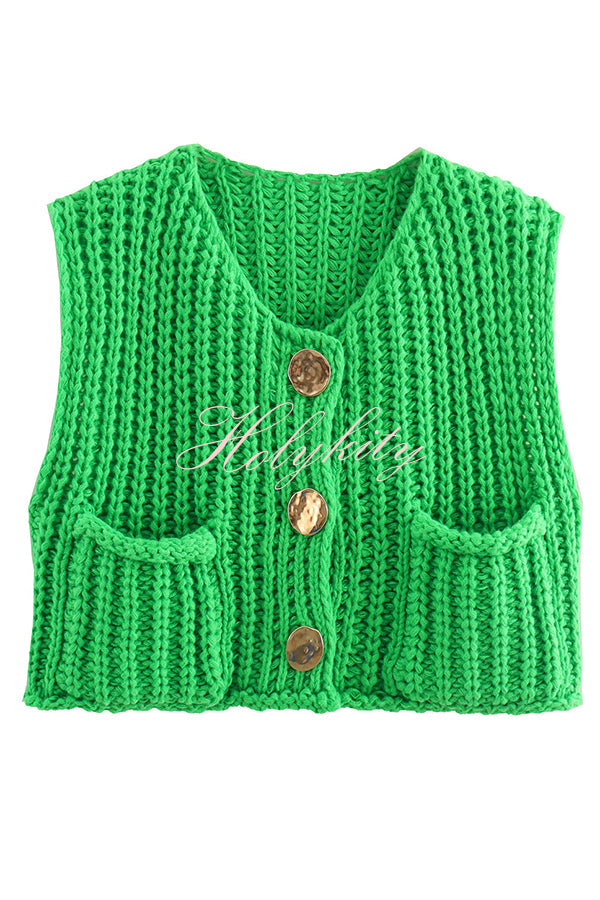 Solid Color Sleeveless Pocket Knitted Vest