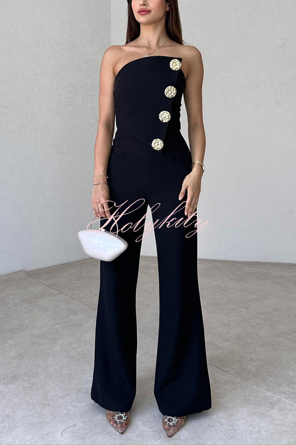 Solid Color Sexy Tube Top Gold Button Embellished Bootcut Jumpsuit