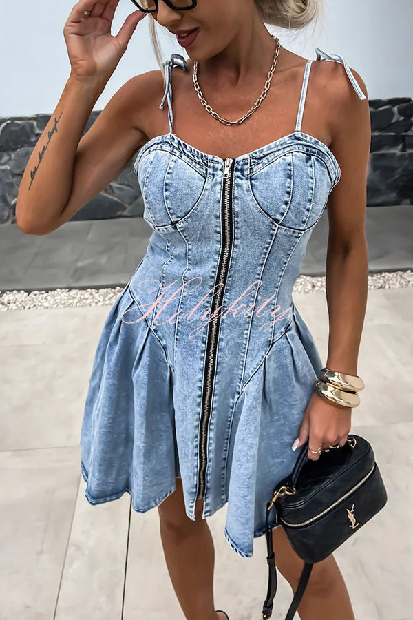 Sweet and Unique Washed Denim Center Front Zipper Stretch Mini Dress