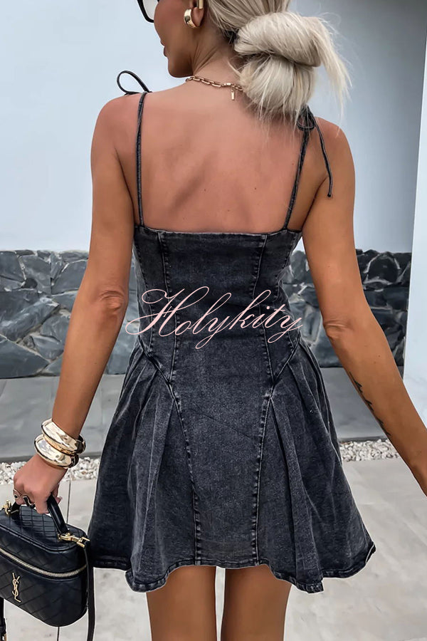 Sweet and Unique Washed Denim Center Front Zipper Stretch Mini Dress