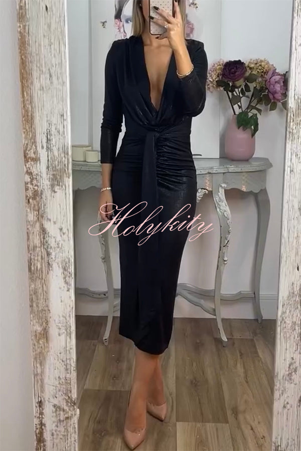 Shiny Lady Metallic Fabric Padded Long Sleeve Tie-up Ruched Midi Dress