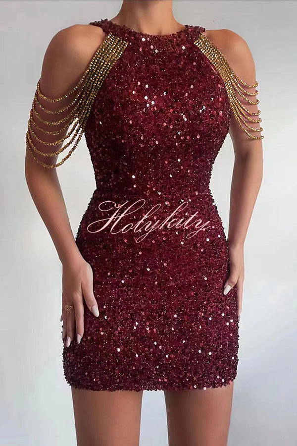 Looking At The Glamorous View Sequin Tassel Shoulder Cocktail Mini Dress