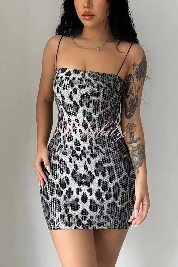 Leopard Print Sequin Sexy Sling Slim Fit Mini Dress