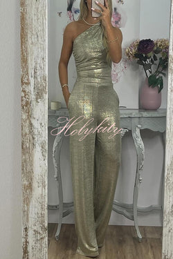 Shining Moment Metallic Fabric One Shoulder Ruched Tank and Pocketed Loose Stretch Pants Set