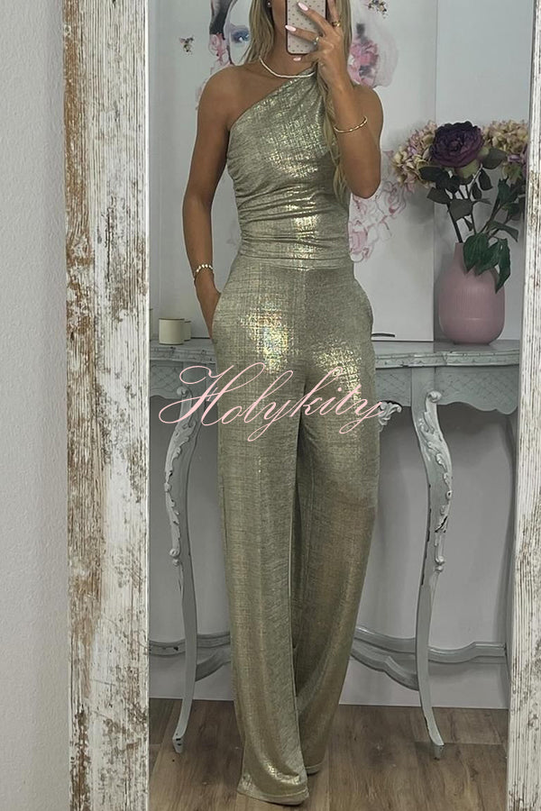 Shining Moment Metallic Fabric One Shoulder Ruched Tank and Pocketed Loose Stretch Pants Set