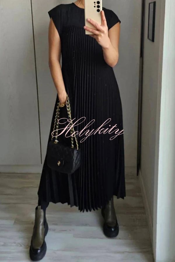 Solid Color Round Neck Sleeveless Pleated Large Hem Maxi Dress