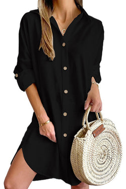 Solid Color Casual Button-Down Shirt Style Mini Dress