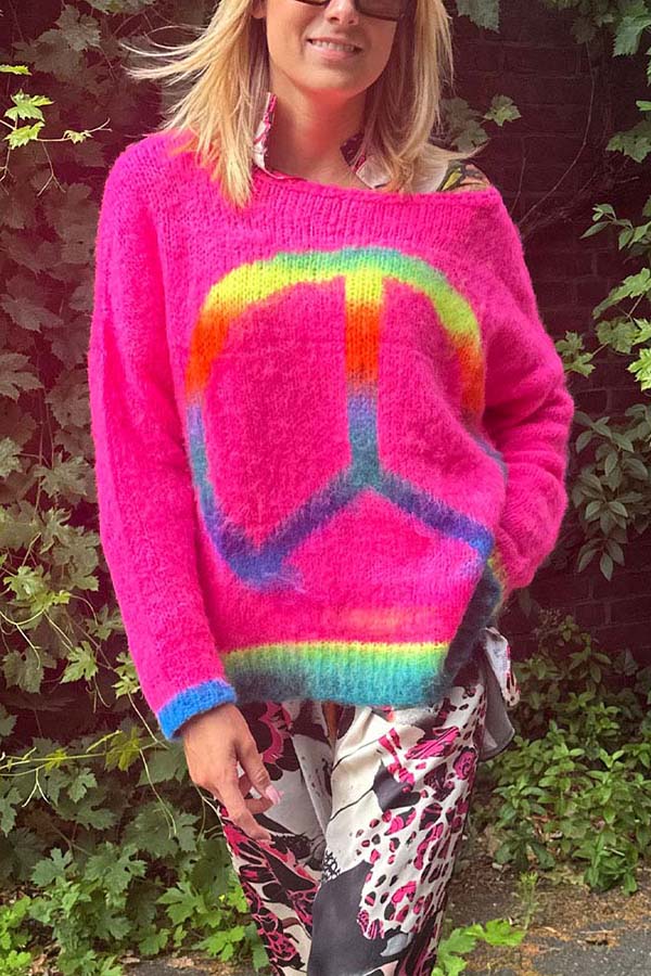 Love and Peace Knit Rainbow Pattern Loose Pullover Sweatershirt