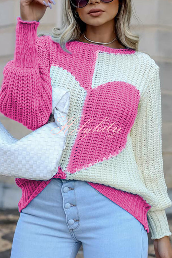 Round Neck Bell Sleeves Heart Contrast Knitted Long Sleeved Sweater