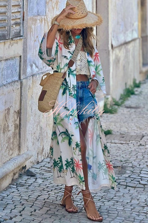 Resort Style Botanical Print Tie-waist Long Cover-up