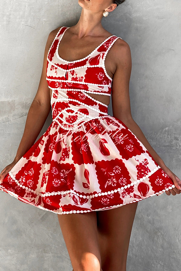 Holiday Colors Ric Rac Trims Unique Print Cutout Round Neck Mini Dress