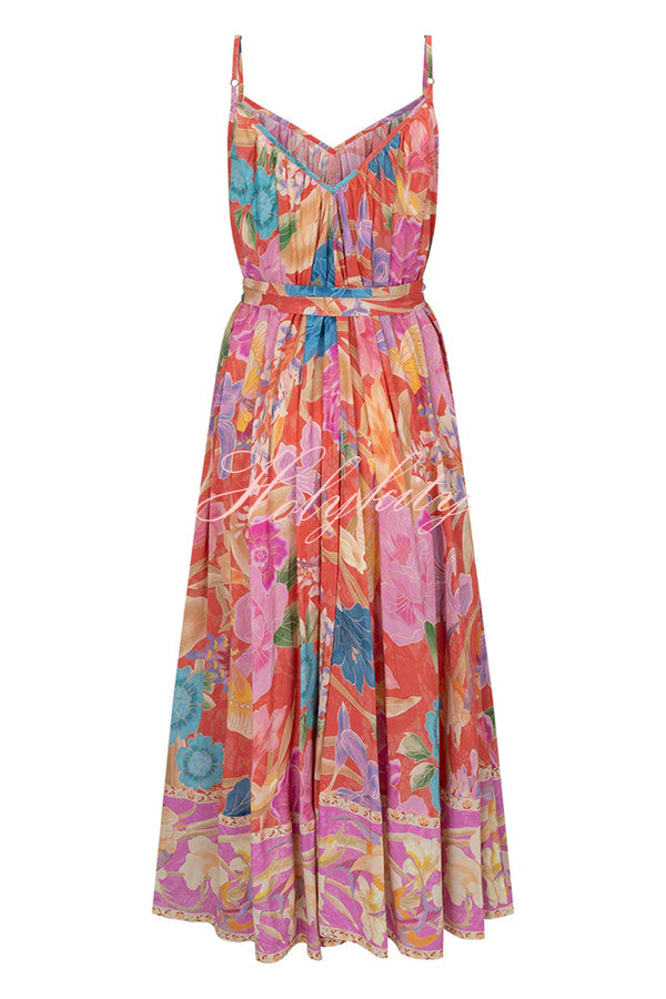 Painter's Garden Boho Floral Print Strappy A-line Maxi Dress