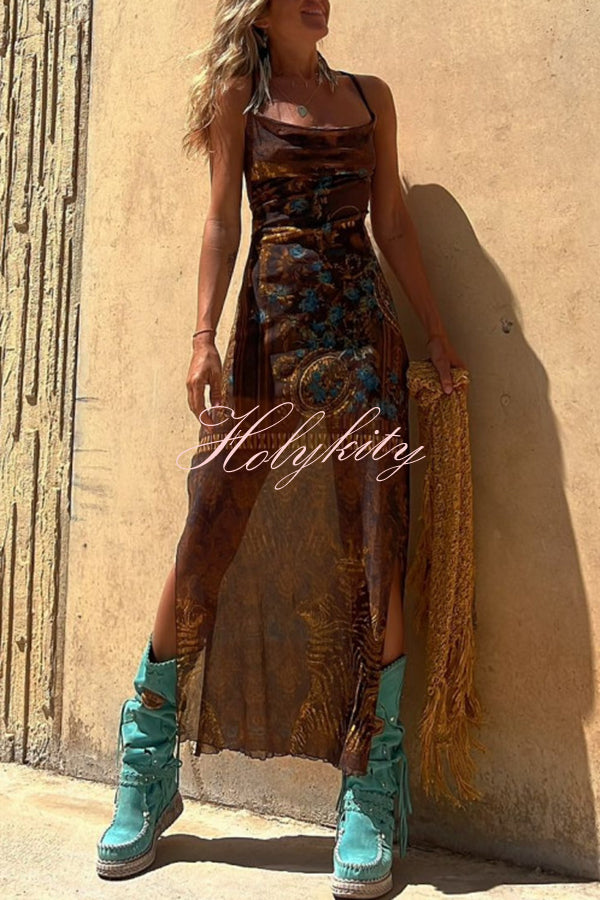 Gypsy Style Unique Print Cowl Neck Back Lace-up Slit Midi Dress