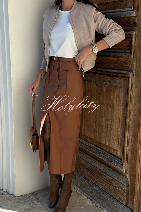 Zayna High Rise Pocketed Front Slit Cargo Midi Skirt