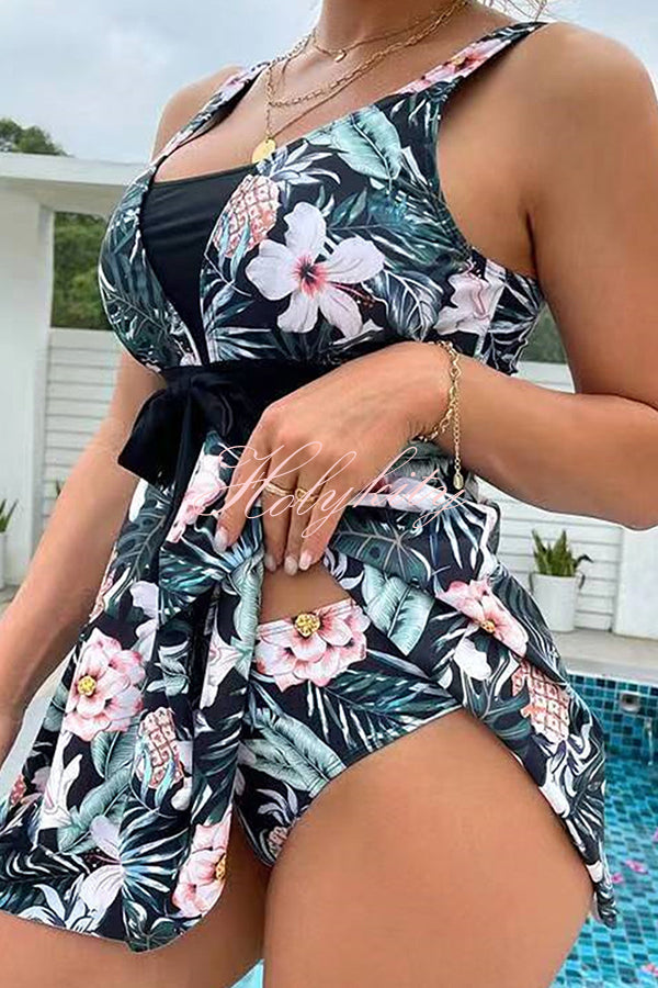 Cheerful Floral Print Bow Detail Tankini Swimsuit Set