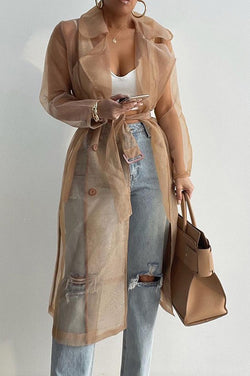 Solid Color Patchwork Button Belt Pocket Long Sleeve Coat