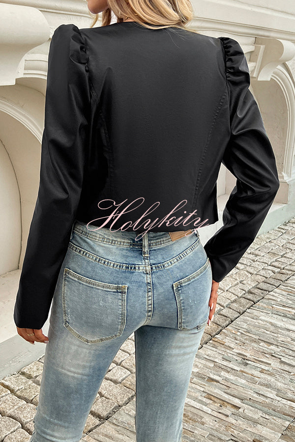 Yelissa Faux Leather Statement Long Sleeve Open Front Crop Jacket