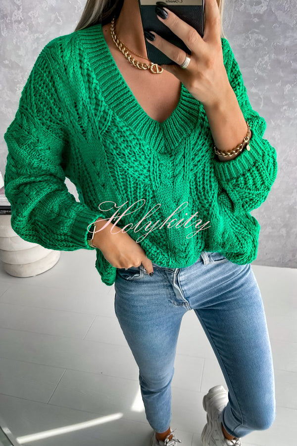 Olivier Hollow Twisted Cord V Neck Long Sleeved Sweater