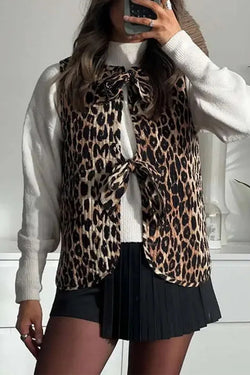 Leopard Print Lace-up Bow Sleeveless Statement Vest Top