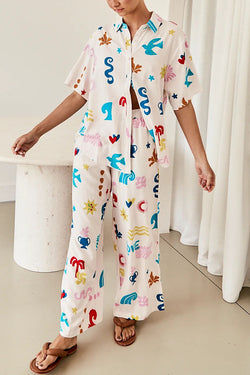 Summer Beach Element Printed Button Lace Up Pocket Pants Suit