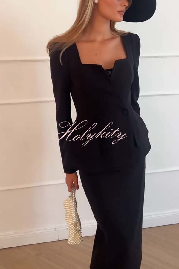 Sculptural Elegance Square Neck Button Blazer and Elastic Waist Pencil Midi Skirt Set