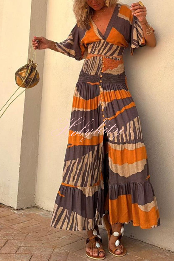 Raya Colorblock Print Bell Sleeve Crop Top and Smocked Waist Button Maxi Skirt Set