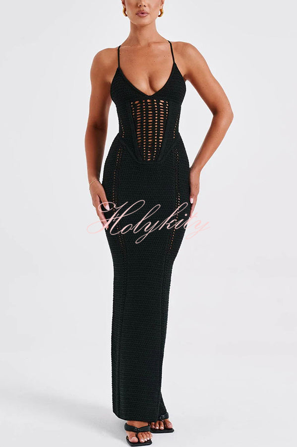 Warm Weather Favorite Knit Crochet Hollow Out Back Lace-up Stretch Maxi Dress