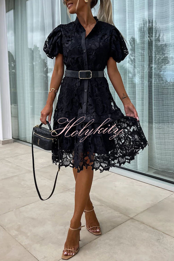 Absolutely Elegant Floral Crochet Lace Puff Sleeve Belted Shirt Midi Dress