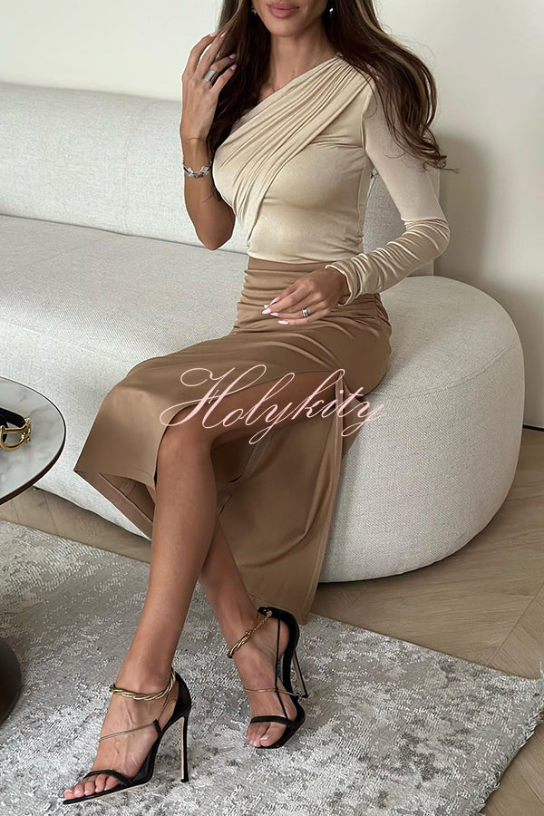 Layla Ruched Back Elastic Waist Side Slit Midi Skirt